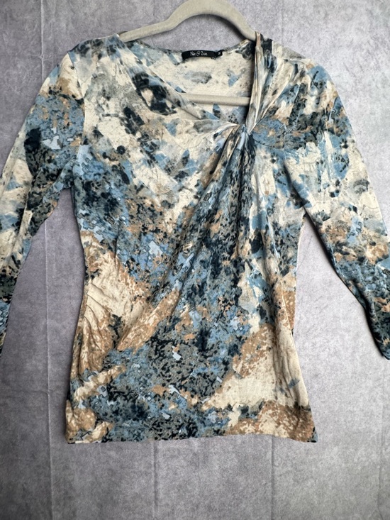 Abstract Print Top Cotton Neutral Blue Beige Quiet Luxury Minimalist Blouse - Picture 2 of 4